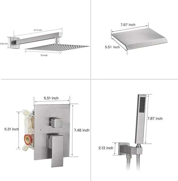 BWE Shower System with Waterfall Tub Spout Shower Faucet Set 10 Inch Square Brushed Nickel Rain Shower Head Bathroom Luxury Wall Mounted Shower Combo Set Rough-in Valve Body and Trim Included