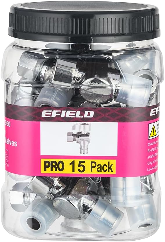 Pro 15-Pack EFIELD Stop Angle Valve Pex-A 1/4 Turn, 3/8" OD Compression X 1/2" Pex-A Expansion, Chrome Plated LF Brass, Heavy Duty,(VALVE379)