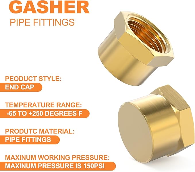 GASHER 1/4"NPT Brass Pipe Cap, NPT Female Thread Socket Pipe End Cap Plugs Fitting 5PCS