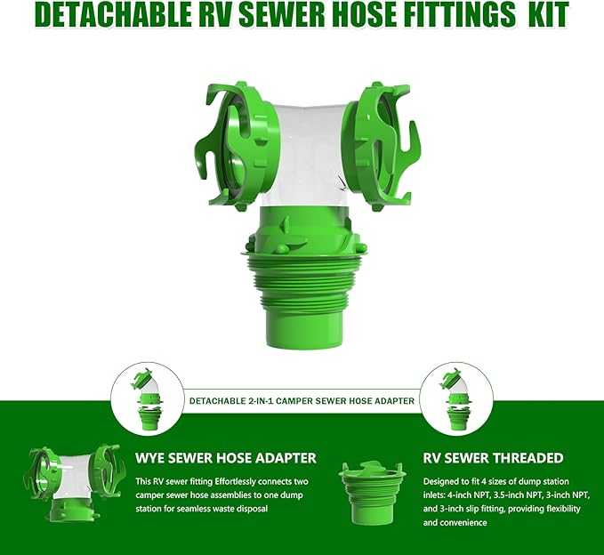 6-in-1 - RV Wye Sewer Hose Fitting and Built-in Gasket Odor - Allows for 2 Camper Sewer Hoses to Connect to the Same Dump Station (Wye -Elbow Adapter)