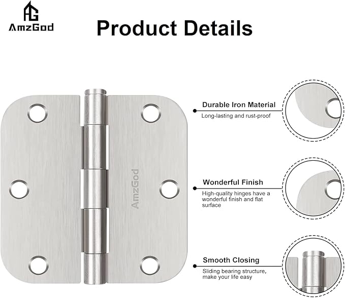 Door Hinges Brushed Nickel - 3 Pack Satin Nickel 3.5 Inch Rounded Interior Door Hinges with 5/8" Radius - Flat Iron Residential Standard 3 1/2 Inches Silver Door Hardware