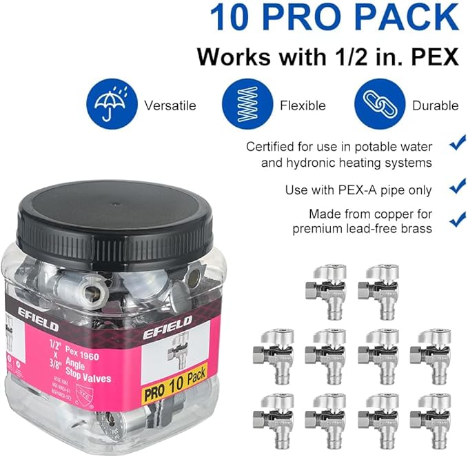 Pro 10-Pack EFIELD Stop Angle Valve Pex-A 1/4 Turn, 3/8" OD Compression X 1/2" Pex-A Expansion, Chrome Plated LF Brass, Heavy Duty,(VALVE378)