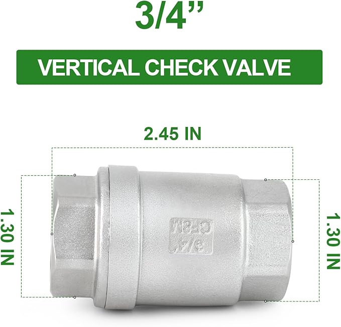 TAISHER 1PCS 304 Stainless Steel 3/4" Female Vertical Check Valve，Backflow Prevention, One Way Spring Check Valves CF8 WOG 1000