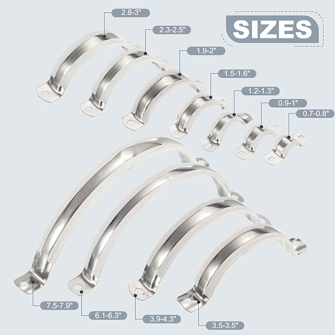 HARFINGTON 2pcs 201 Stainless Steel 7.5-7.9"/190-200mm Split Ring Pipe Hanger Pipe Strap Clamp Split Ring Hanger with Rubber for Tubing Shower Curtain Tiki Torch, Silver Tone