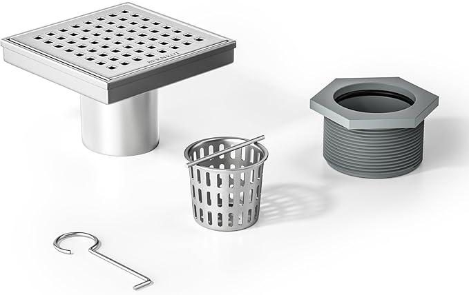 Square Shower Drain 4", 304 Stainless Steel Floor Drain with Grid Drain Cover & Hair Strainer, Retrofit Shower Drain w/CUPC Certified, Brushed