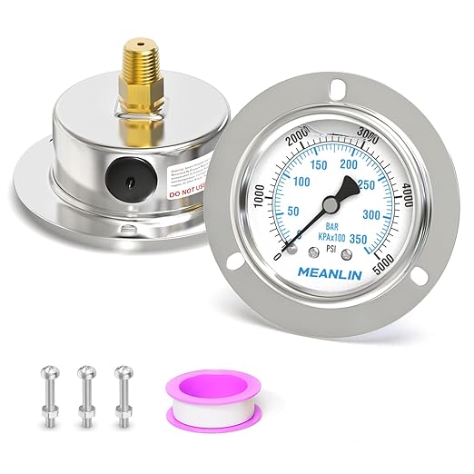 MEANLIN MEASURE 0~5000Psi Liquid Filled Pressure Gauge Front Flange Panel Mount, 1/4" NPT 2.5" FACE DIAL Stainless Steel Case with Phillips Screw and Nut, +/-3-2-3%