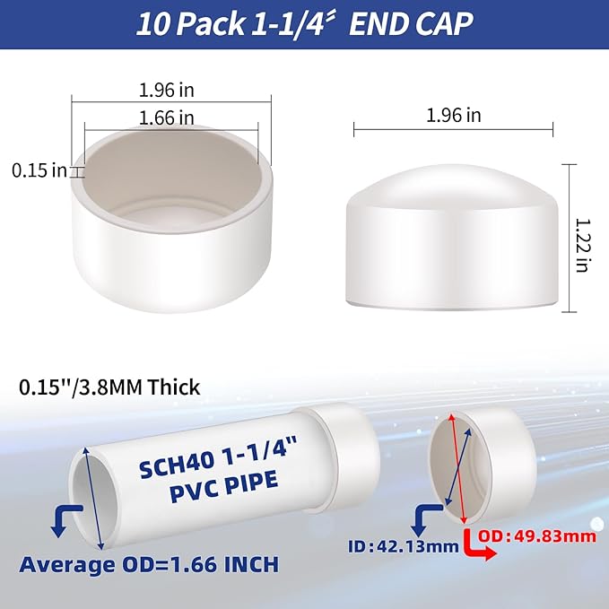 1-1/4" PVC Pipe End Cap (Fits 1.66" OD), 10 Pack Heavy Duty Slip-On Cap Fitting for Schedule 40 Pipe