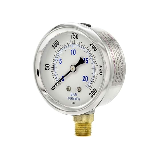 PIC Gauges PRO-201L-254H Bottom Mount Glycerin Filled Industrial Pressure Gauge w/ SS Case, Brass Internals, Plastic Lens, 2.5" Dial, 0/300 psi Range, 1/4" Male NPT