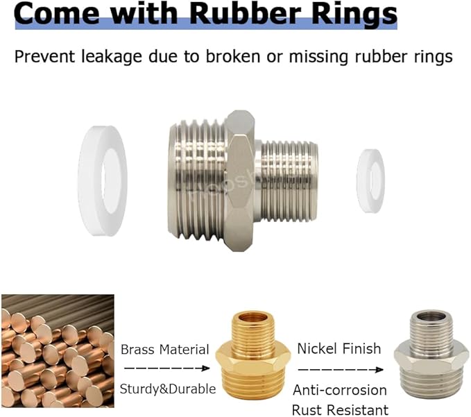 Hooshing 2PCS 1/2 to 3/8 Reducer RV Faucet Adapter Brass Pipe Fitting 3/8 Male to 1/2 Male Water Line Adapter for RV Kitchen Bathroom Plumbing with Washers