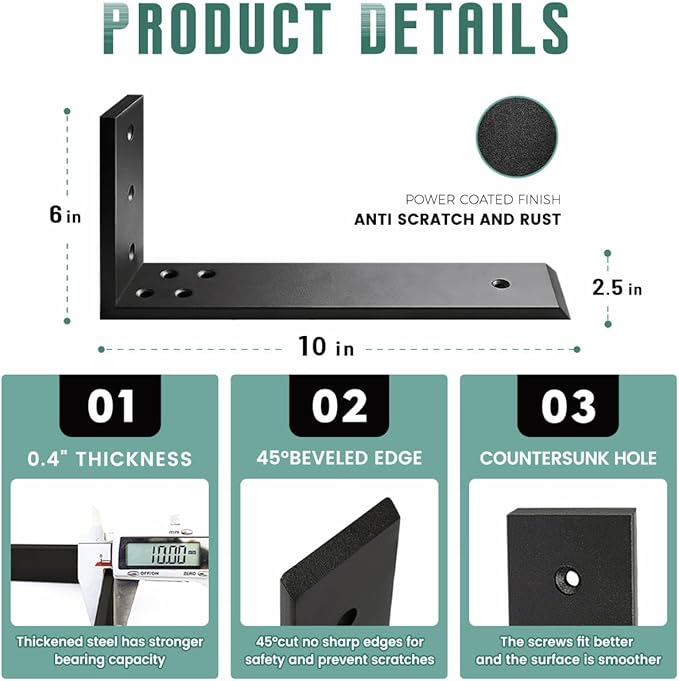 Countertop Support Brackets 3 Pack L Bracket Countertop Brackets 10" x 6" x 2.5" Heavy Duty 3/8" Thick Shelf Brackets Metal Corbels L Shape Bracket for Wood Shelf/Quartz/Granite/Concret Countertops