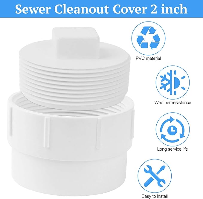 2" PVC Sewer Cleanout Adapter with Plug Pipe Fitting, PVC DWV Flush Sewer Cleanout Cap for Drainage Piping Connect System Outdoor Garden, RV Sewer and More