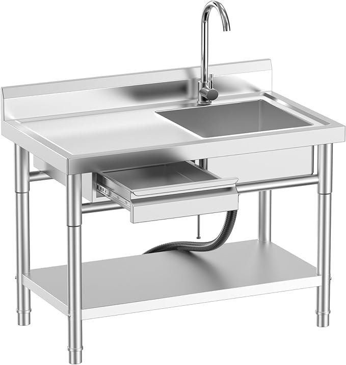Utility Sink, Commercial Kitchen Stainless Steel Sink, 39'' Free Standing Single Bowl Sink with Drawer & Cold and Hot Water Pipe for Kitchen Laundry Room Farmhouse Indoor and Outdoor