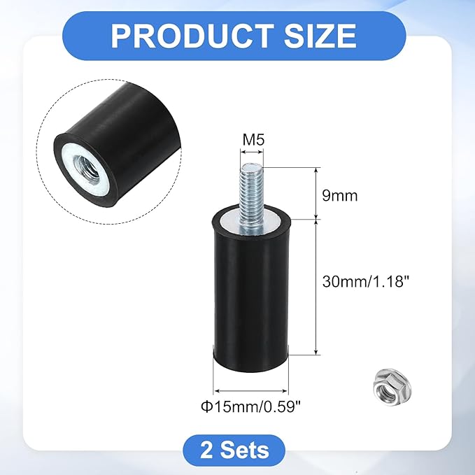 uxcell M5 Rubber Mounts, 2Pcs 15x30mm(DxH) Rubber Cylindrical Anti Vibration Isolator Shock Absorber with Lock Nuts for Car Bobbin Generator Air Compressors