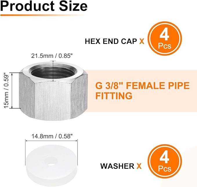 uxcell 4pcs Hex End Cap 304 Stainless Steel Nut with Washer, G3/8" Female Thread Pipe Fitting, Gas Line Water Line Stop Valve Cap Tubing Ends for Plumbing Fittings, Silver Tone