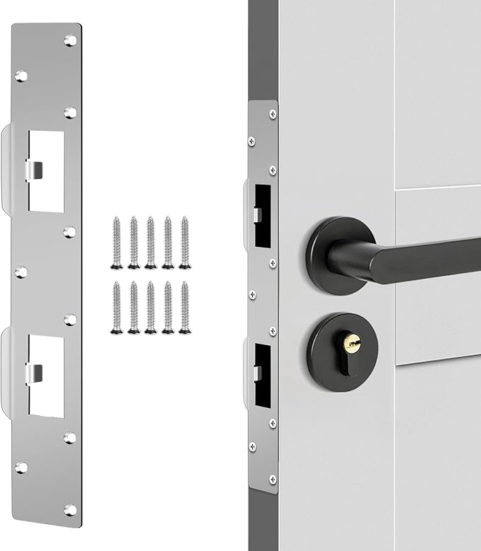 Double Holes Latch Reinforcement Plate Heavy Duty Security Latch Plate Security Striker Plates for Exterior Interior Door Deadbolt Fix Door Frame for 4.5 inch Hole Center (Silver-1Pcs)