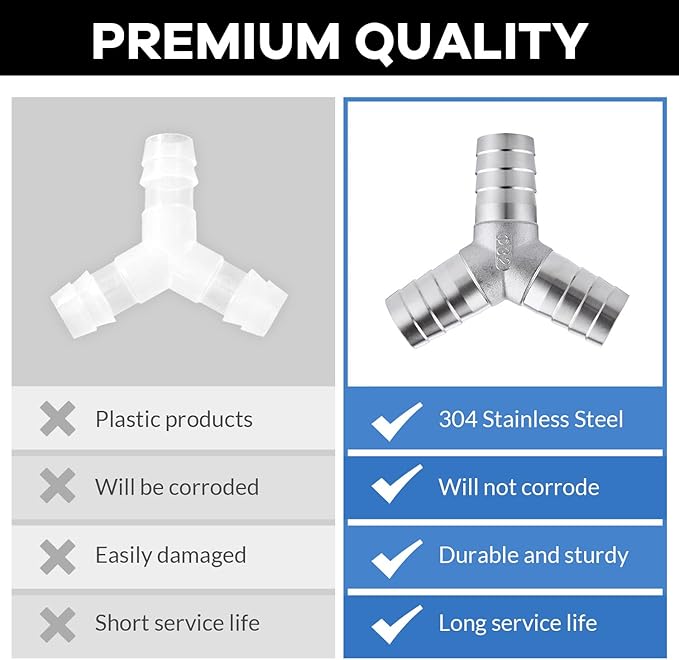 304 Stainless Steel Hose Barb Fitting 3/4" Barb x 3/4" Barb x 3/4" Barb 3 Way Tee Y Shape Joint Splicer Mender Fitting Union for Water Fuel Air 2PCS