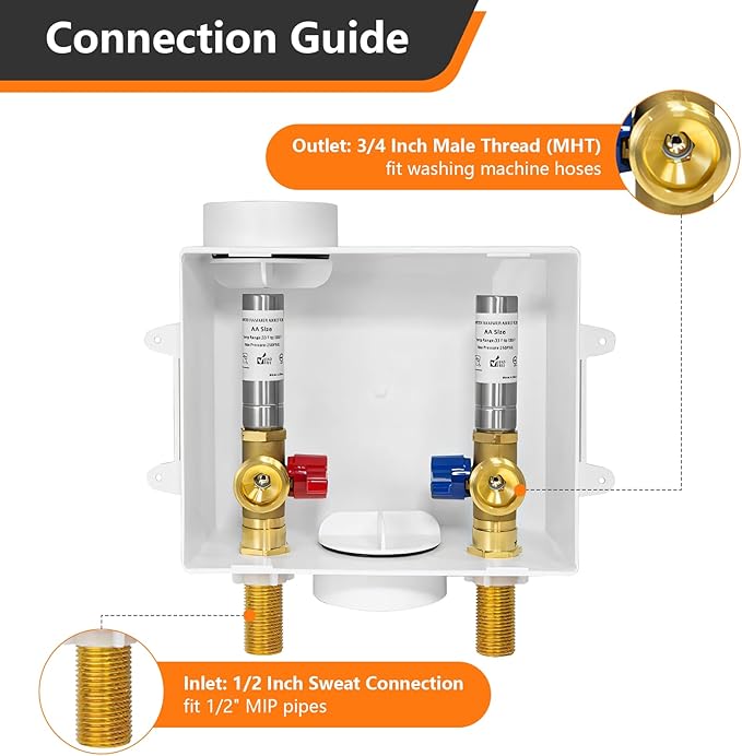 1-Pack HeSun Washing Machine Outlet Box, 1/2 Inch MIP(Sweat) Inlet x 3/4 Inch MHT Outlet, Laundry Pex Washer Outlet Box,with Stainless Steel Arrestor(WM006)