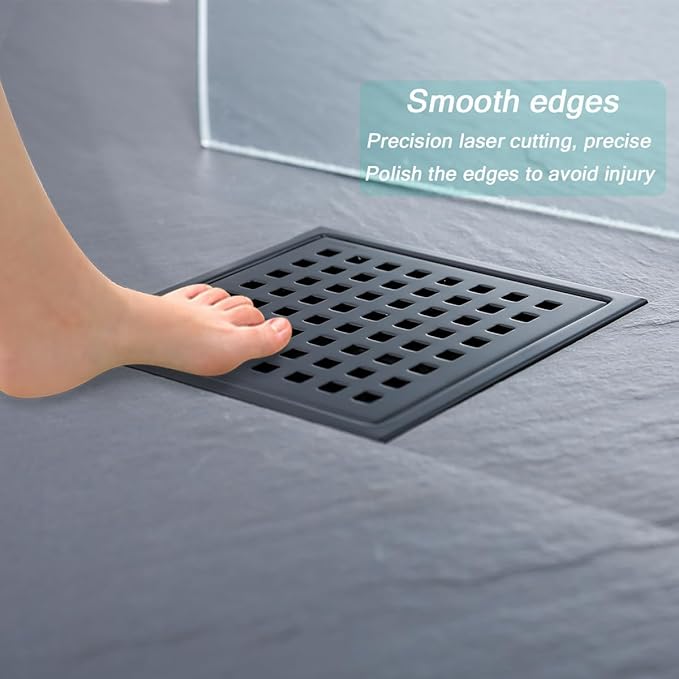 Square Shower Drain 6", SUS 304 Stainless Steel Floor Drain with Grid Drain Cover & Hair Strainer, Matte Black