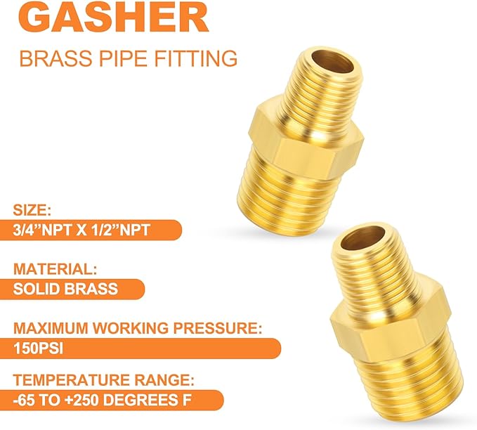 GASHER Brass Reducing Hex Nipples,1/2 Inch NPT Male x 3/4 Inch NPT Male Brass Pipe Adapter Fittings Reducing Nipples Connector（8Pcs）