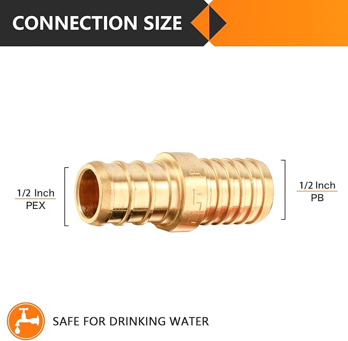 5-Pack HeSun Polybutylene Transition Coupling, 1/2" PEX X 1/2" PB, Brass Crimp Pex Fittings with 10 Rings, ASTM F1807(PEX1807504)