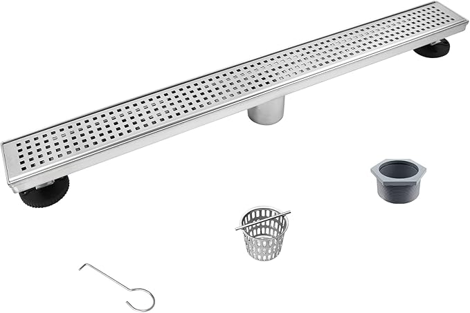 Linear Shower Drain 26", 304 Stainless Steel Floor Drain with Grid Drain Cover & Hair Strainer, Rectangular Shower Drain w/CUPC Certified, Brushed