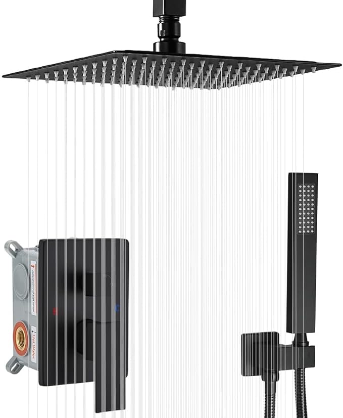 Shower System Matte Black Bathroom 10 Inch Rain Shower Head Ceiling Mount with Handheld Luxury High Pressure Shower Combo Set Shower Faucet Rough-in Valve Body and Trim Kit