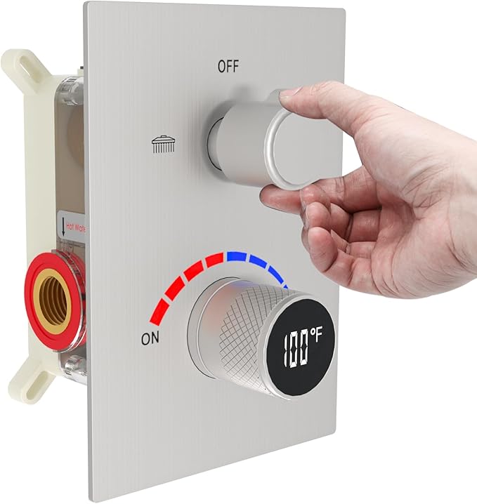 2 Way Shower Diverter Mixing Valve with Trim Kit, Digital Shower Brass Valve Body Temperature Display Mixer for Shower Faucets, Brushed Nickel