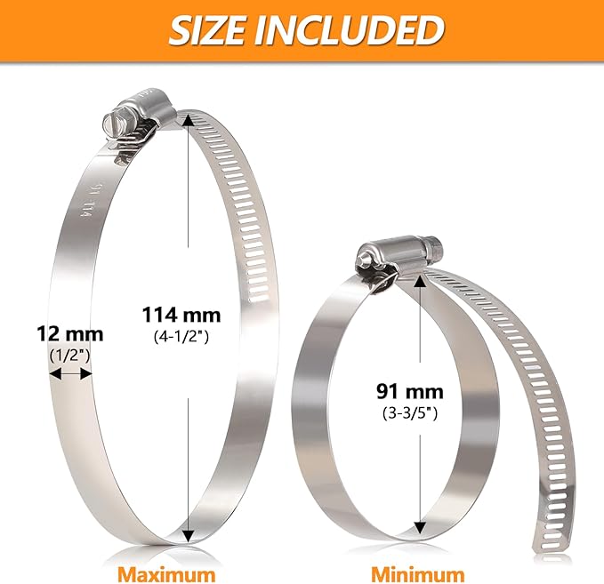 12Pack 4 inch Hose Clamp, Adjustable 304 Stainless Steel Duct Clamps Hose Clamp from 3-3/5"-4-1/2"/91-114mm, Metal Worm Drive Gear Duct Clamp for Air Ducting, Dryer Vent Hose, Fuel Line, Plumbing