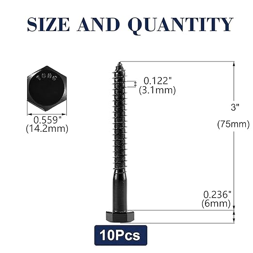3/8" x 3" Hex Head Lag Screws Bolts 10Pcs 304 Stainless Steel 18-8, Partial Thread, Hexagon Head Wood Screws by Black Oxide by SG TZH