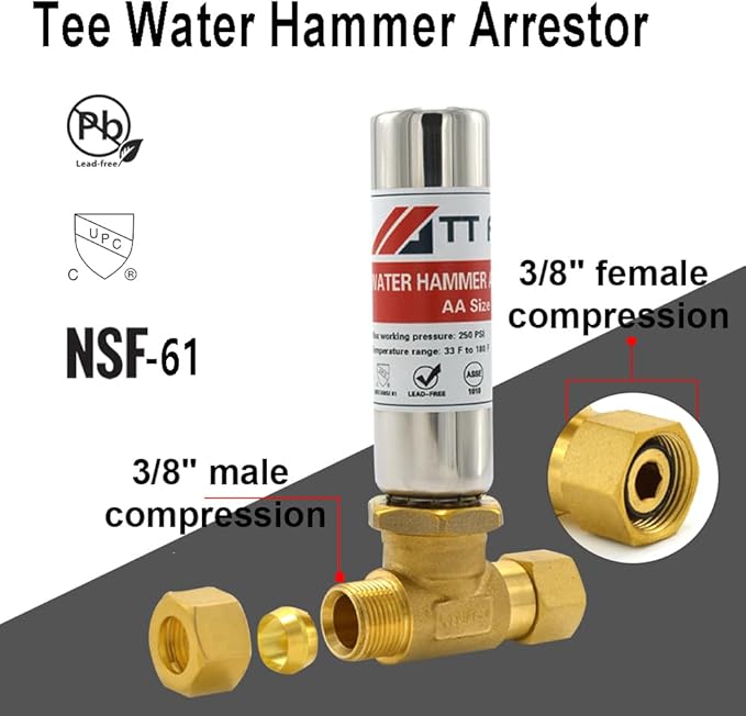 Stainless Steel Water Hammer Arrestor 3/8" male compression and 3/8" female compression For For Dishwasher and Toilet Stop Hammering Reduce Banging