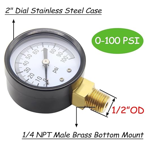 Pressure Gauge 0-100PSI 2" Dial Stainless Steel Case 1/4" NPT Male Brass Bottom Mount Universal Multifunctional