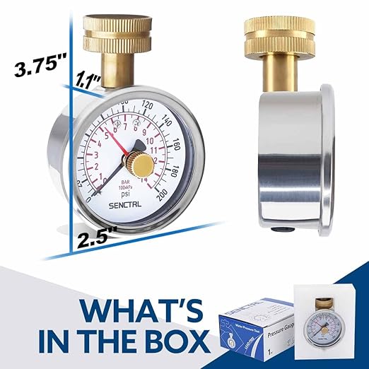 SENCTRL 0-200 Psi Water Pressure Gauge Test with Lazy Hand, Lead-Free, Waterproof, 2.5" Dial Size, 3/4" Female Garden Hose Thread, Stainless Steel Case, for Home Potable Water, House Tube