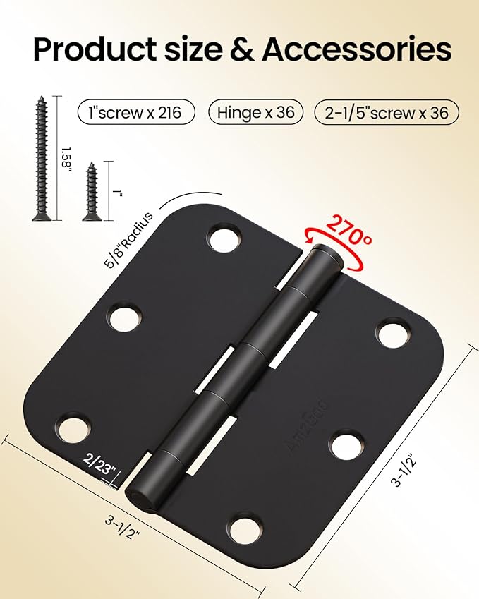 Black Door Hinges - 36 Pack Matte Black Door Hinges 3.5 Inch Rounded Interior Door Hinge with 5/8" Radius - 3 1/2" Black Hinges for Residential Door Hardware