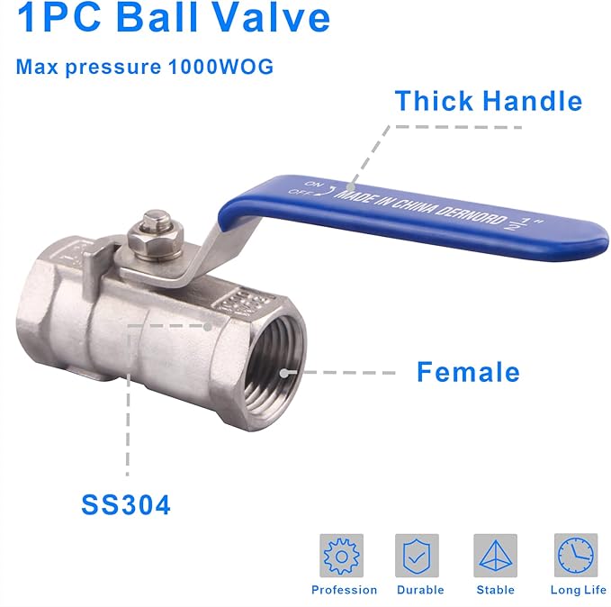 DERNORD Stainless Steel Ball Valve 1PC Type 0.5 Inch NPT Standard Port for Water, Oil, and Gas (Pack of 2)