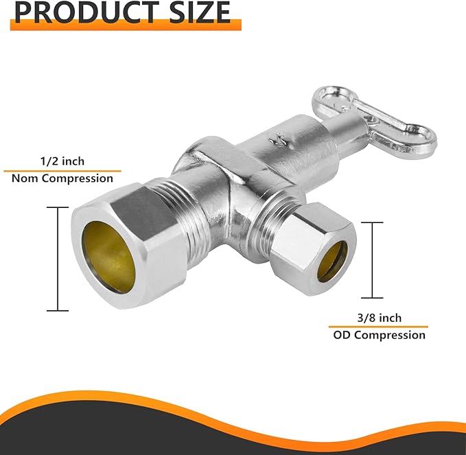 20-PCs HeSun Loose Key Angle Stop Valve, 1/2" Nominal (5/8"OD) Compression x 3/8" OD Compression, 1/4 Turn Shut Off Valve, PEX Chrome Plated Brass