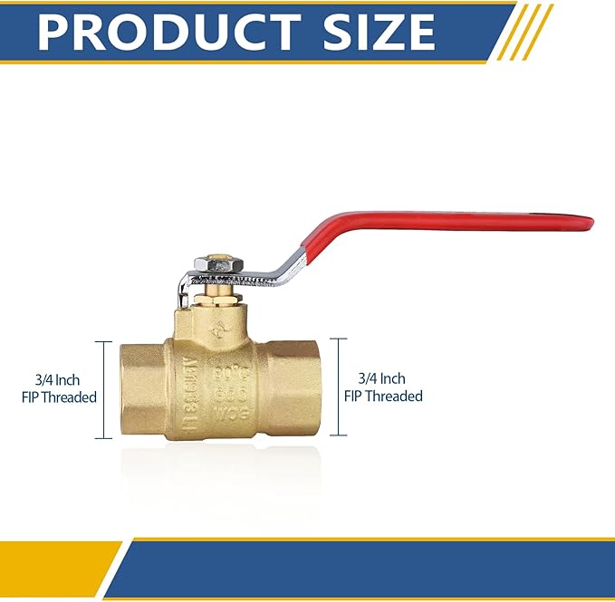 3/4" Heavy Duty Full Port Brass Ball Valve,600 WOG FNPT FIP Threaded Valve for Compressed Air, Water, Plumbing or Oil(5 Pack,Red Handle)(VALVE229)