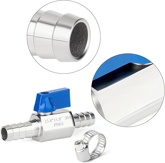 TAISHER 1PCS 304 Stainless Steel 5/8" Mini Ball Valve Shut Off Switch, 5/8" Hose Barb with 2PCS Hose Clamps
