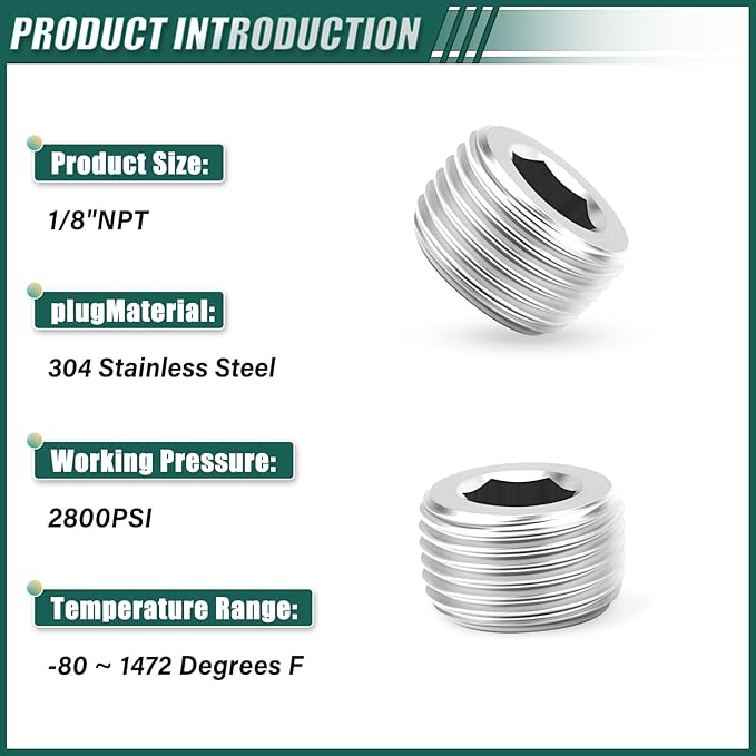 10PCS 304 Stainless Steel Internal Hex Thread Socket Pipe Plug Fitting, 1/8" NPT Male, for Fuel/Airl/Water/Gas/Oil
