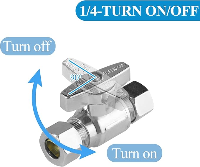 WiseWater 3/8" Compression Straight Stop Valve, 1/4 Turn Toilet Shut Off Valve for Bathroom & Kitchen Water Supply Lines (5-Pack)
