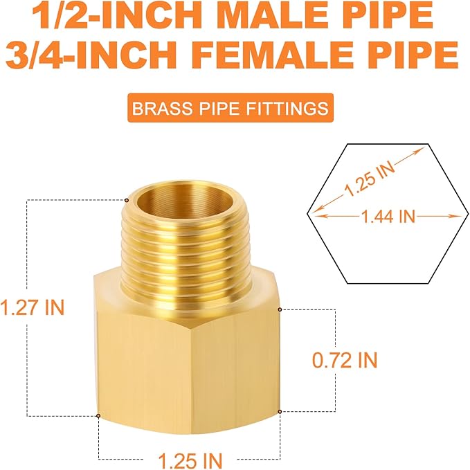 GASHER 5PCS Brass Pipe Fitting, Reducer Adapter, 1/2-Inch Male Pipe x 3/4-Inch Female Pipe