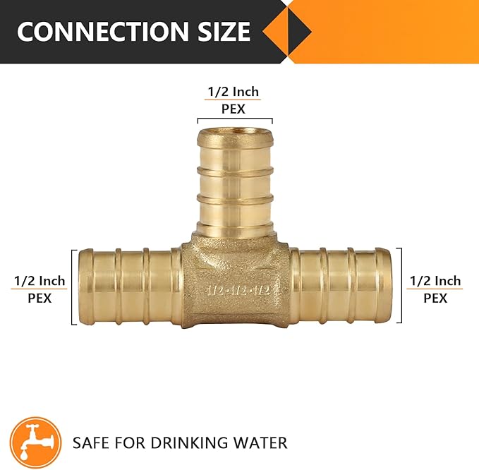 HeSun 100-Pack PEX Fittings, 1/2"x1/2"x1/2" Pex Tee, Brass Crimp Fitting for Pex Pipes, ASTM F1807