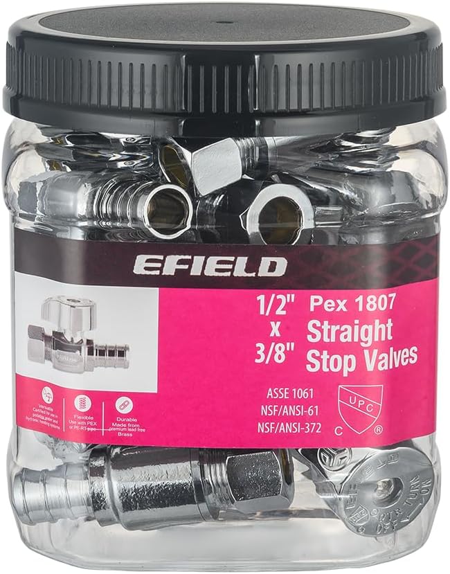 Pro 10-Pack EFIELD 1/4 Turn Straight Stop Valve 3/8" OD Compression x 1/2" Pex Crimp, Chrome Plated LF Brass, Heavy Duty,(VALVE376)