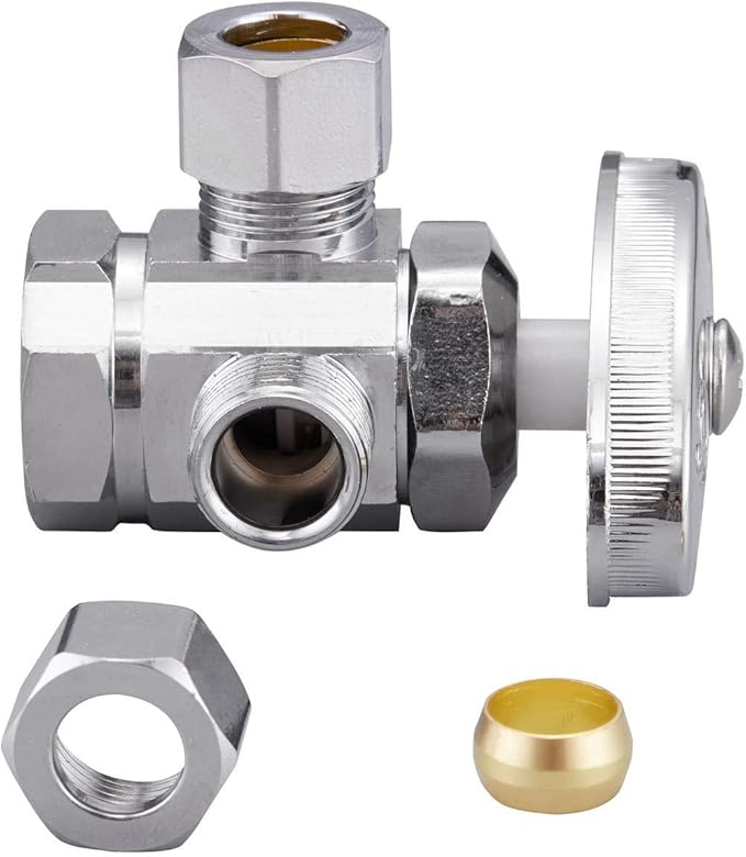 Chrome Plated Heavy Duty Brass 3-way 360 Angle Stop Valve, 1/2"FIP Inlet x 3/8"OD Compression x 3/8"OD Compression Dual Outlet Valve
