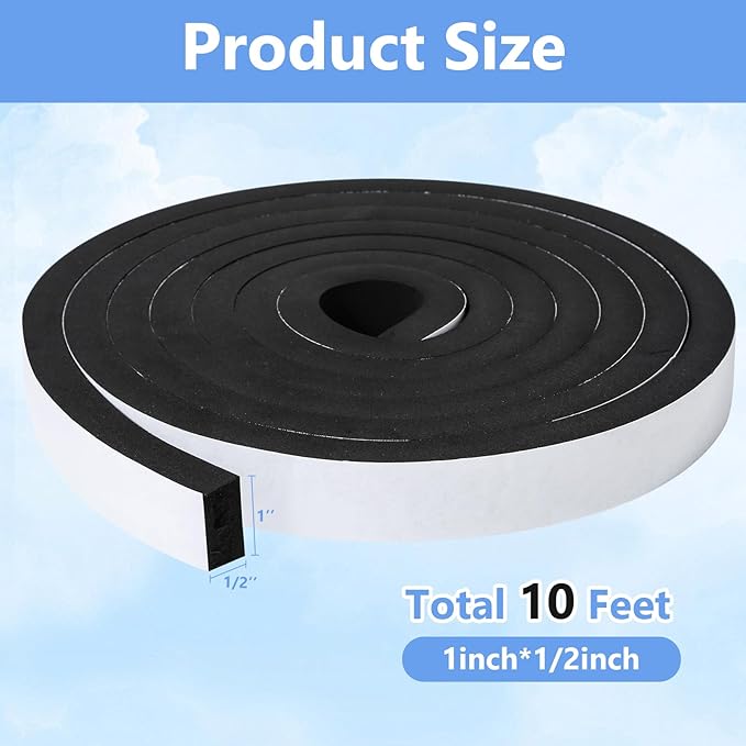Weather Stripping Door Seal Strip- 1 Inch X 1/2 Inch X 10Feet, Strong Adhesive, Lightproof, Soundproof, Weatherproof Foam Tape Insulation for Sliding Door, Front Door Frame, Windows- Black