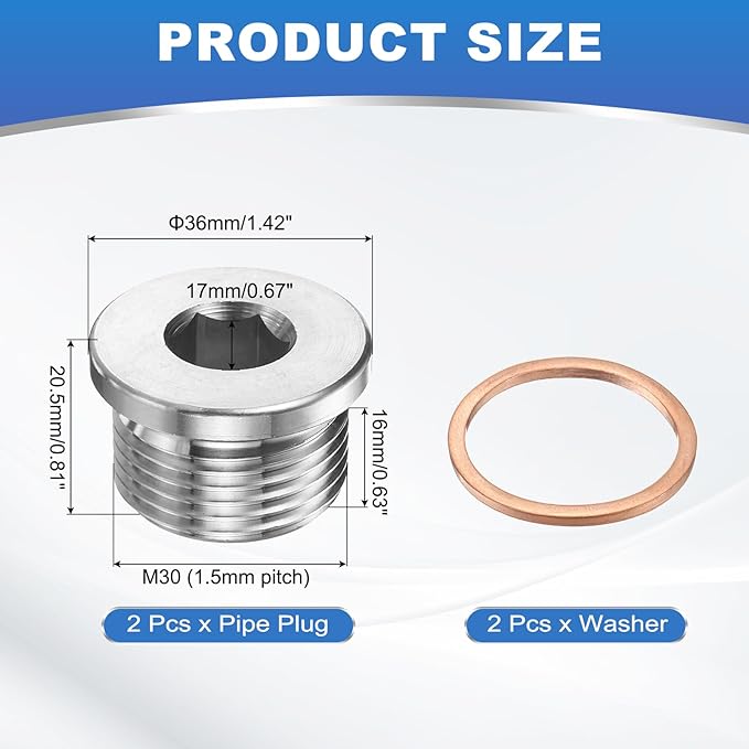 PATIKIL 2 Pcs M30 x 1.5 Metric Pipe Plug Fitting, 304 Stainless Steel Internal Hex Head Socket Pipe Cap Adapter Connector with Copper Washer for Sealing Oil Gas Water