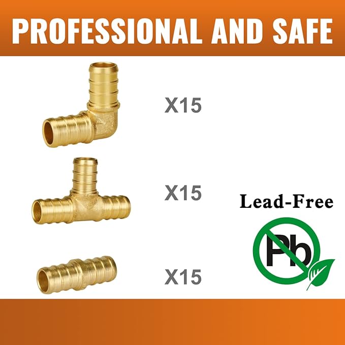 1/2" Pex Fittings, SUNGATOR 45 PCS 1/2 Inch Pex Fittings Set, 15 Each Elbow Tee Coupling, No Lead Brass, ASTM F1807