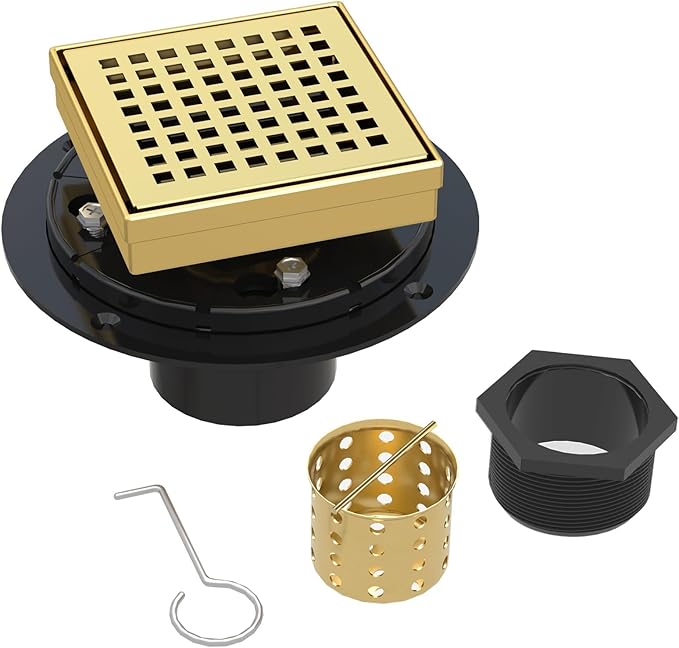 4 Inch Square Shower Drain | Brushed Gold Shower Drain with Flange, Hair Strainer & Removable Grid Cover, AISI 304 Stainless Steel Shower Floor Drain, in Bathroom, Kitchen, Balcony etc