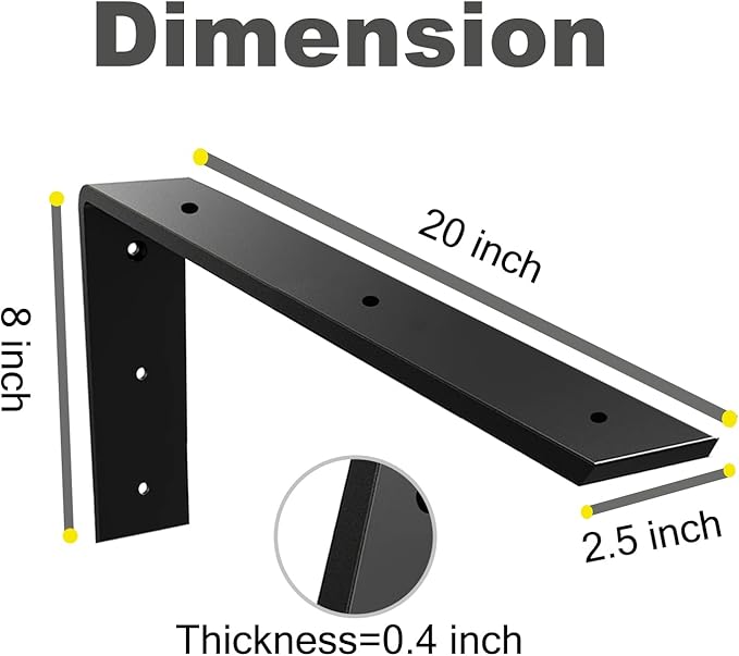 WINKER Countertop Support Bracket 4 Pack Heavy Duty 3/8" Thick Hidden L Shelf Bracket 20" x 8" x 2.5" Metal Corbels for Quartz/Granite/Wood/Concrete/Laminate Countertops, Black (6 Hole)