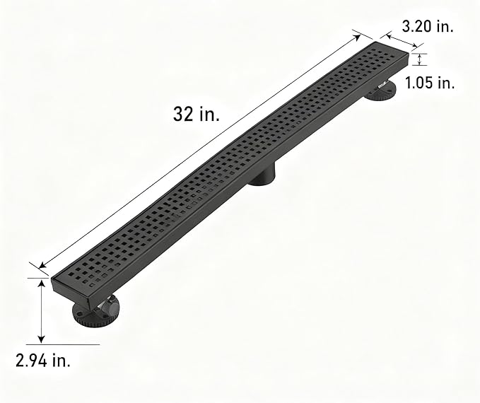 Linear Shower Floor Drain, Matte Black 32 Inch 304 Stainless Steel Bathroom Drains Kit, Long Rectangular Shower Trench Drain with Square Pattern Drain Cover & Hair Catcher