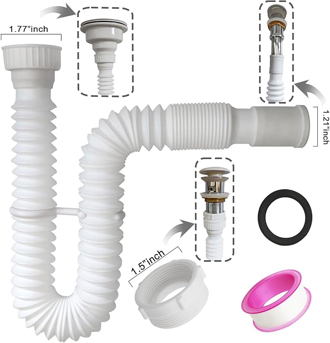 White Flexible Expandable Bathroom P Trap, 1 1/4 to 1 1/2 Sink Drain Adapter Included, Wash Basin Rubber Tips Sink Drain Pipe, Universal Extension Tube for Kitchen Bathroom Sink Sewer Drain